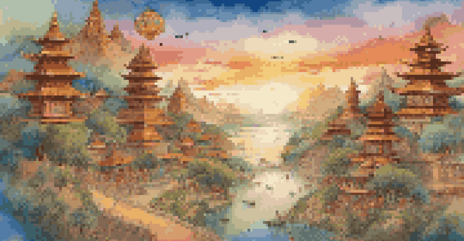 A digital artwork showing a colorful landscape with symbols from different cultures, illuminated by a warm sunset.
