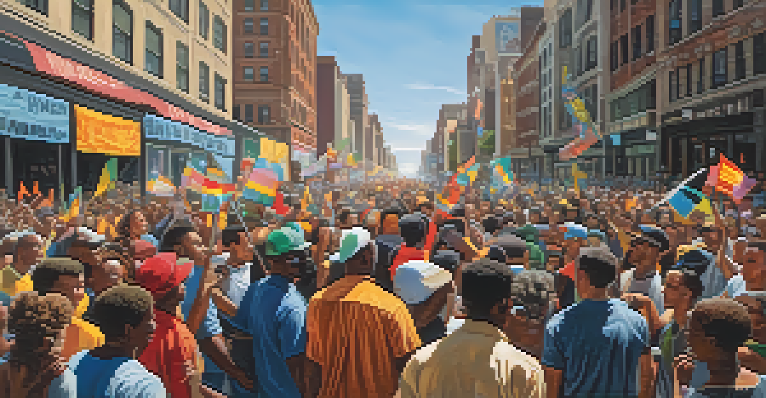 Activists marching down a city street with colorful banners and signs, engaging passionately with the crowd under bright sunlight.