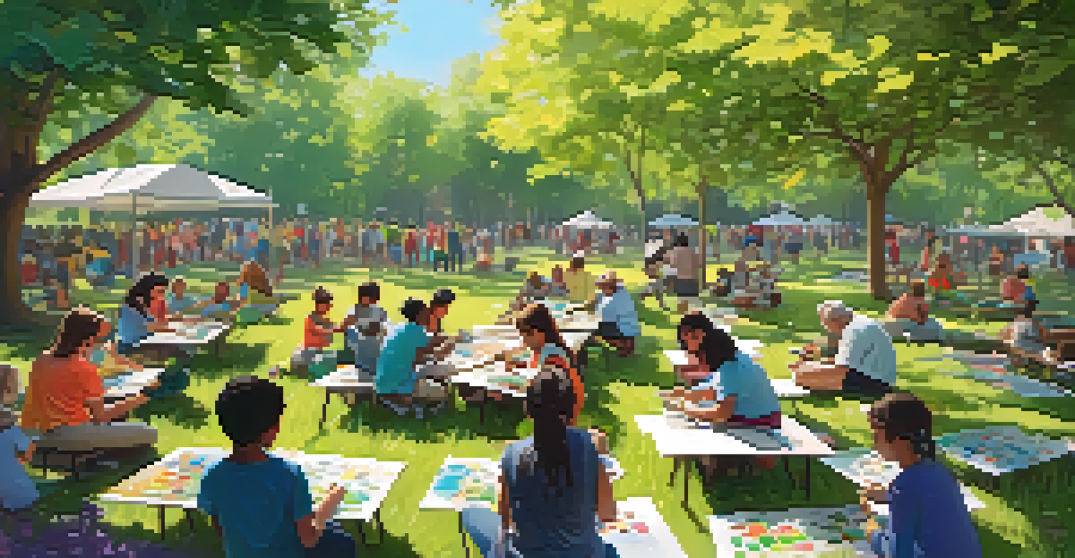Community members of all ages participating in an outdoor art workshop using recycled materials, set in a vibrant park.