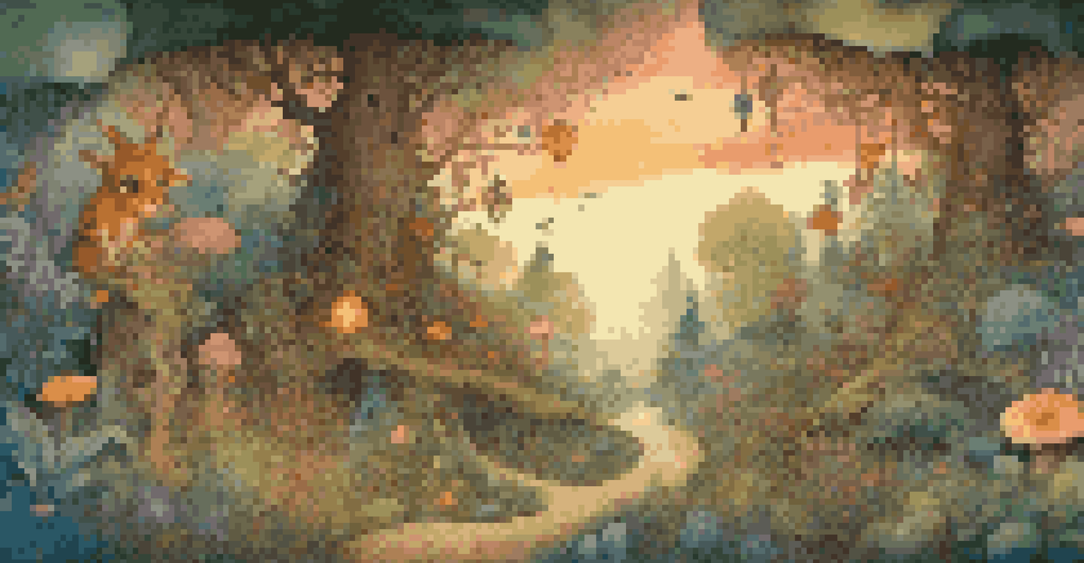 A whimsical forest filled with colorful creatures and plants, illuminated by a golden sunset.