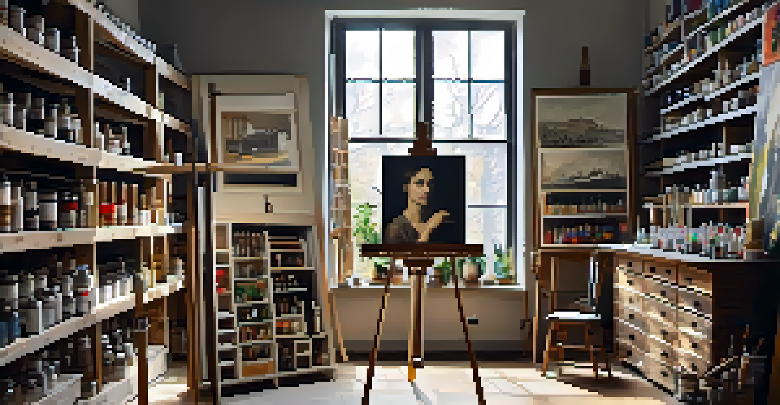An artist's studio showcasing various traditional art materials including oil paints, brushes, and a clay sculpture.