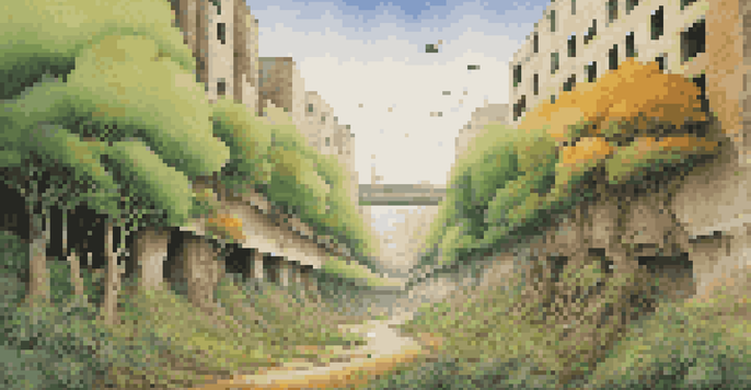 A colorful mural illustrating the contrast between a thriving forest and a barren landscape, highlighting the effects of climate change.