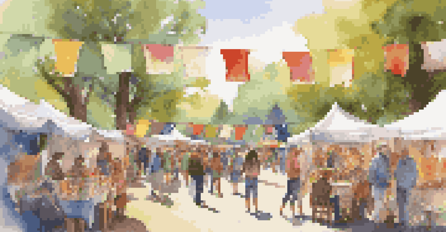 A lively outdoor art festival with community members browsing art booths, colorful flags, and sunny trees in the background.