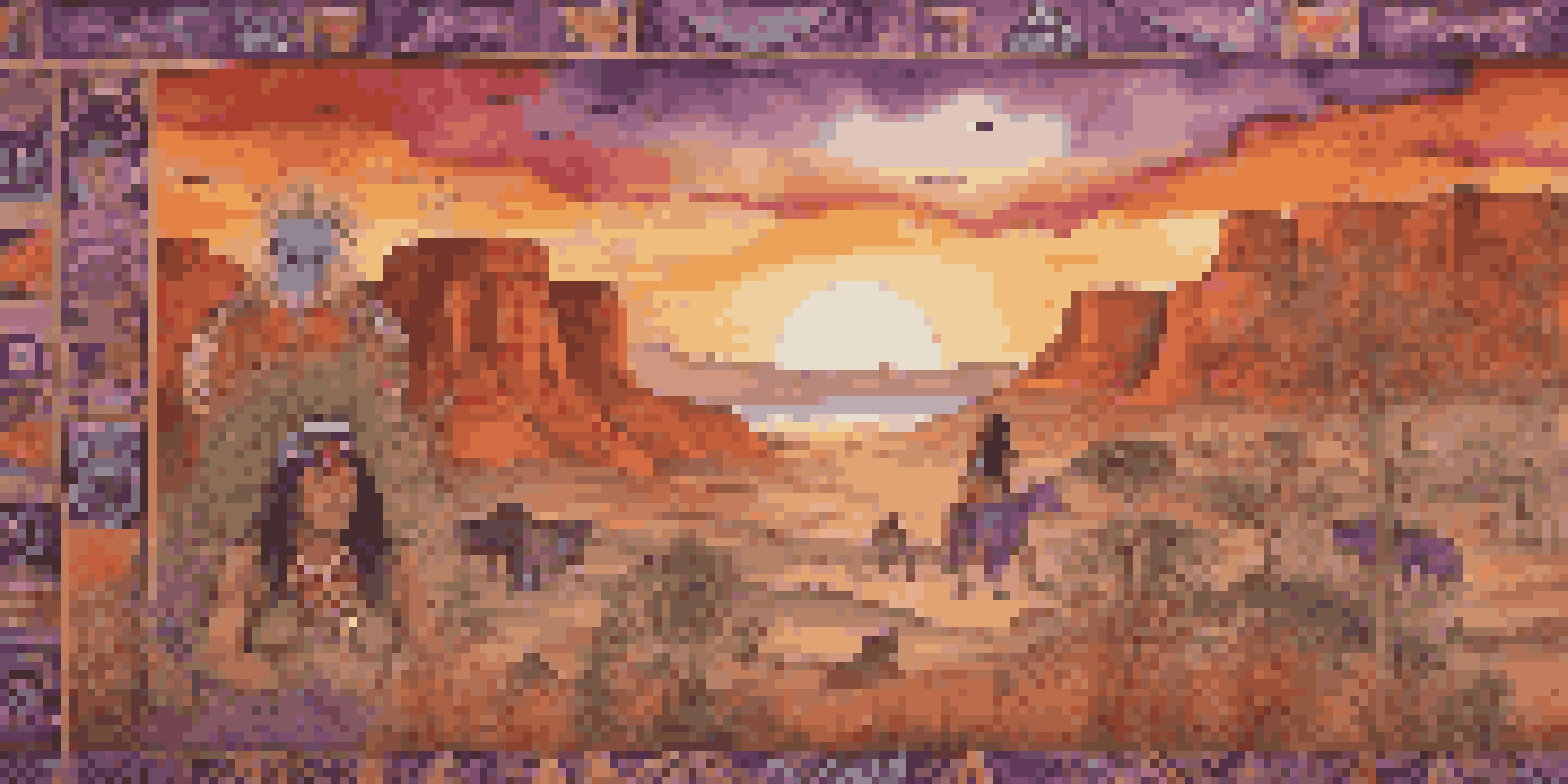 A colorful mural illustrating Native American culture with patterns symbolizing nature and spirituality, set during sunset.