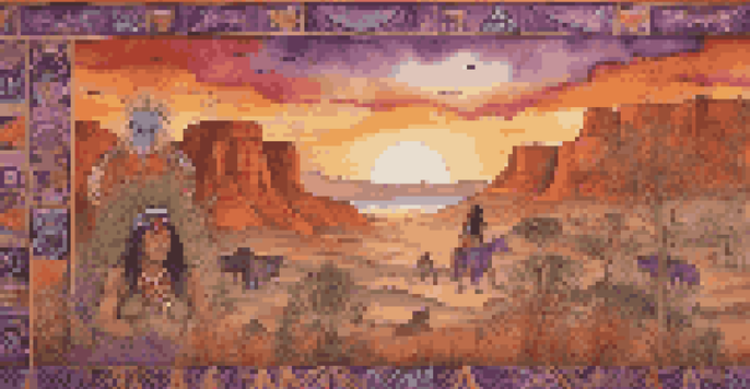 A colorful mural illustrating Native American culture with patterns symbolizing nature and spirituality, set during sunset.