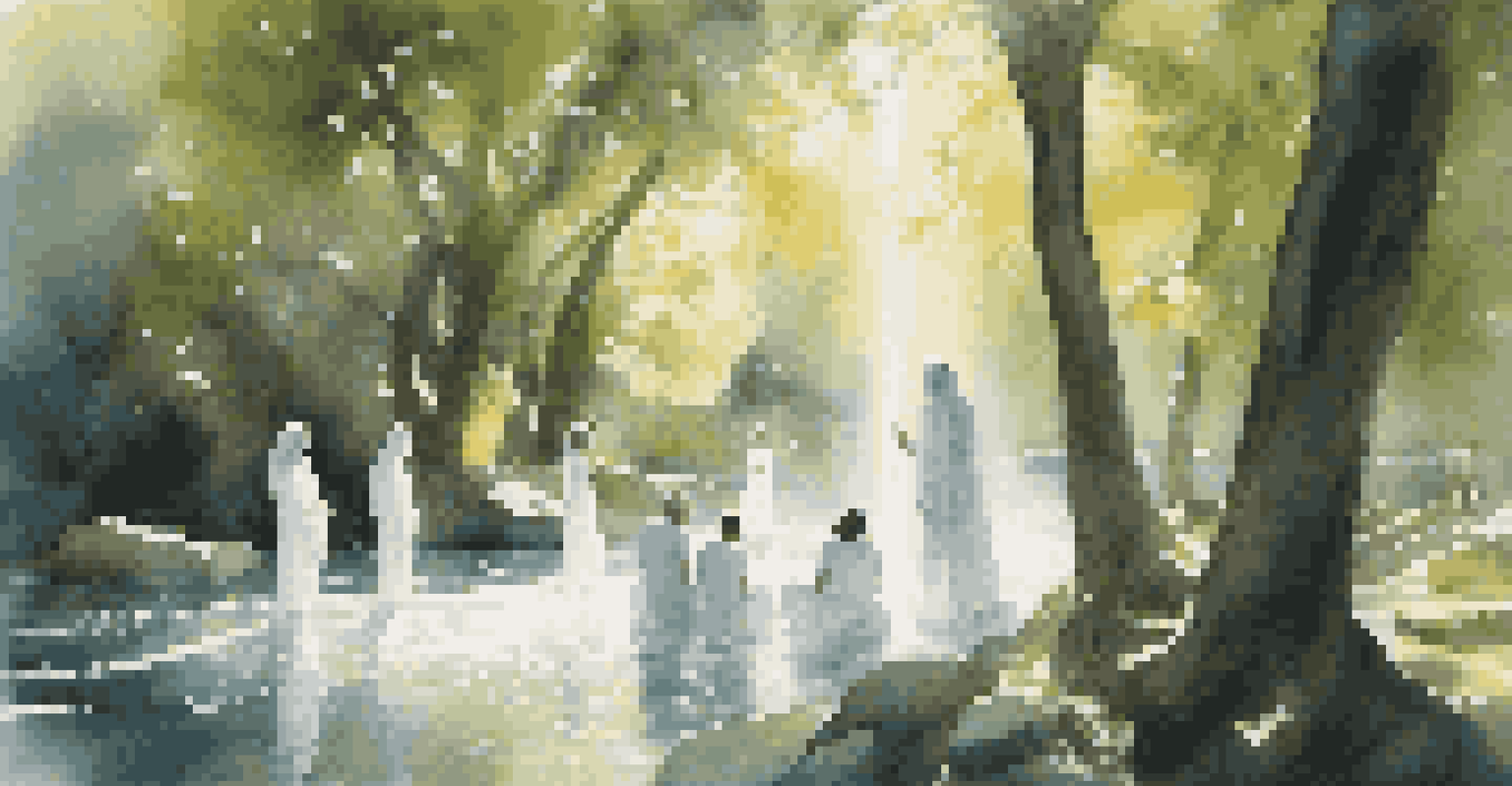 An artist in white fabric performs near flowing water, surrounded by lush greenery and an audience observing.