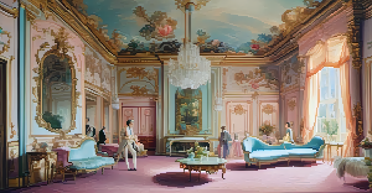 An elegant Rococo interior with lavish decorations, pastel colors, fashionable individuals, and intricate floral patterns.