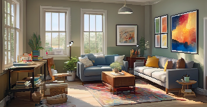 A bright and inviting art therapy room filled with natural light, comfortable seating, and colorful art supplies, creating a warm atmosphere for creativity.