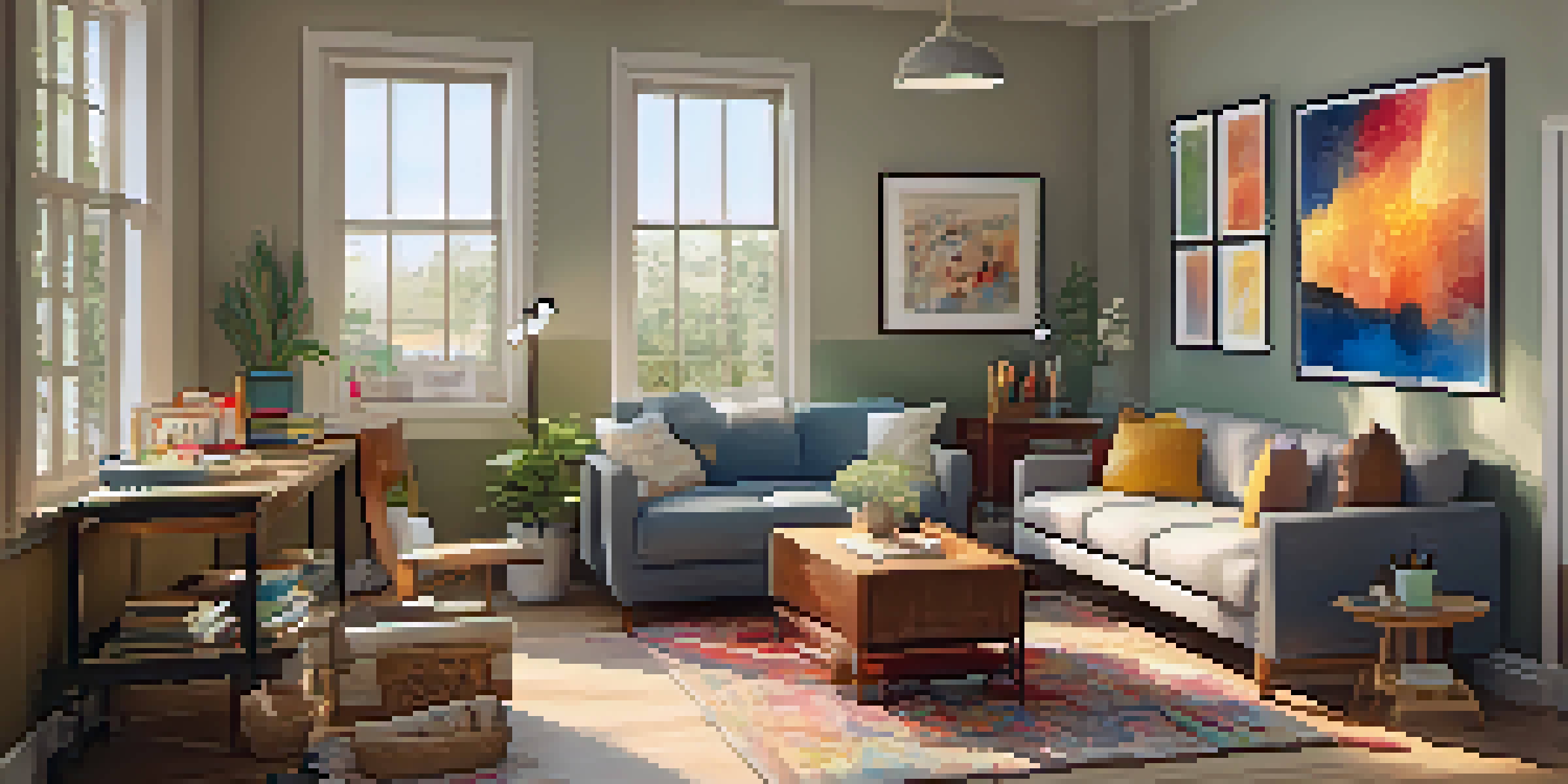 A bright and inviting art therapy room filled with natural light, comfortable seating, and colorful art supplies, creating a warm atmosphere for creativity.