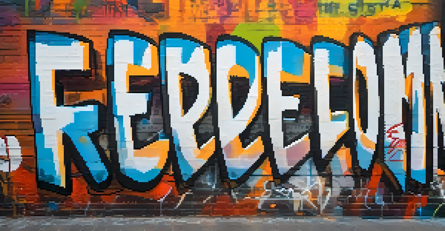 Close-up of a graffiti wall featuring a bold quote about freedom, with a textured background of layered paint and stickers.