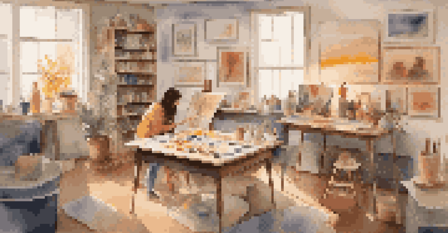 A warm and inviting art therapy session in a studio, with individuals engaged in painting and sculpting, surrounded by art supplies and soft lighting.