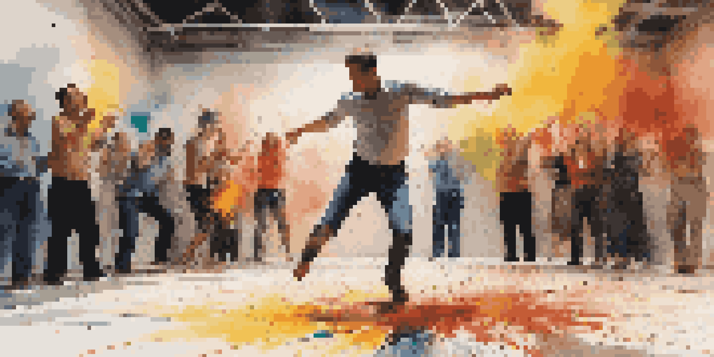 An artist performing energetically, with colorful paint splashes around them and an engaged audience in the background.