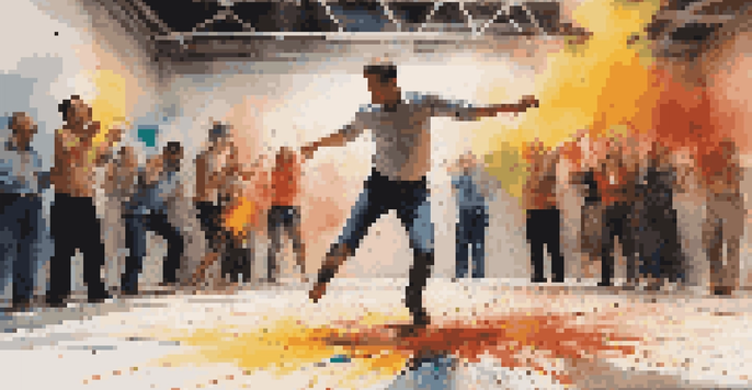 An artist performing energetically, with colorful paint splashes around them and an engaged audience in the background.
