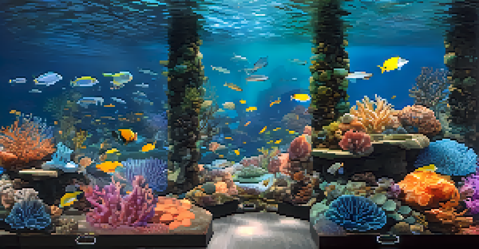 A digital art installation depicting a coral reef affected by climate change, with vibrant colors and interactive virtual reality elements.