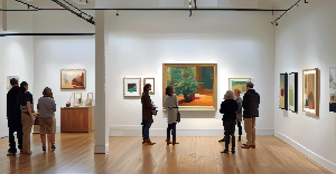 A bright and modern art gallery filled with diverse artworks and people engaging with them.