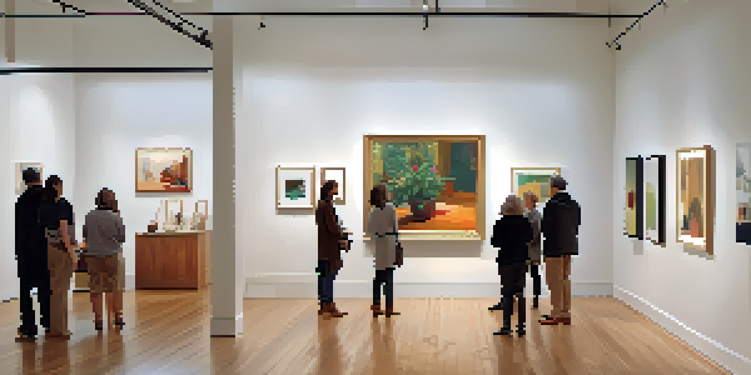 A bright and modern art gallery filled with diverse artworks and people engaging with them.