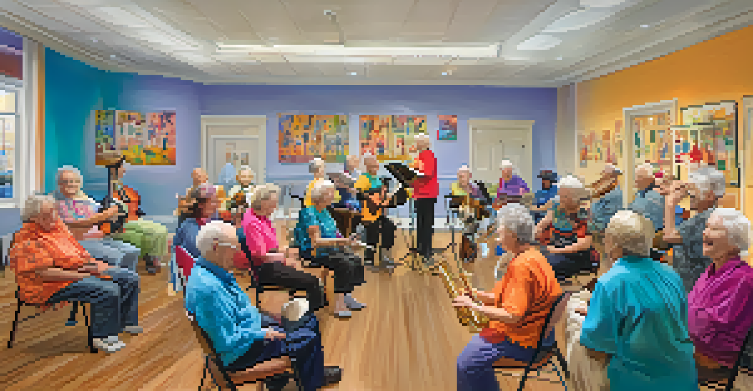Seniors engaged in a lively group music therapy session at a community center.
