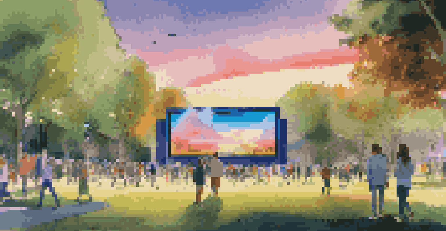 An outdoor art installation with large digital screens showcasing moving artworks in a park during sunset, with people admiring the displays.