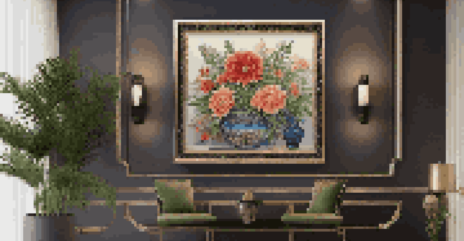An elegantly framed enamel artwork on a wall, showcasing vibrant colors and intricate patterns, with soft lighting and decorative plants nearby.