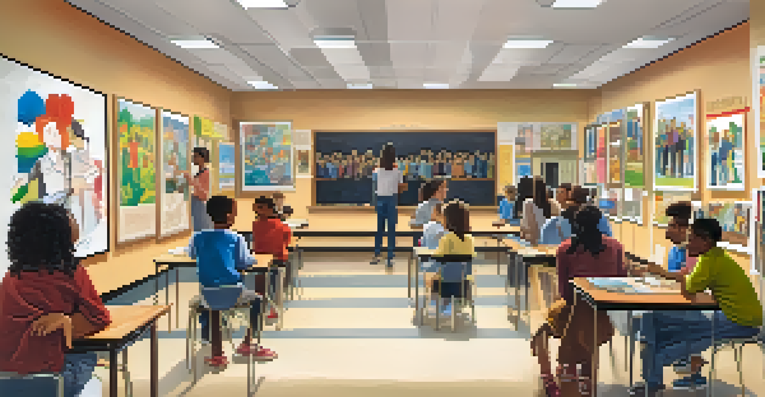 A classroom filled with students discussing artworks with a teacher, surrounded by colorful posters of famous artists.
