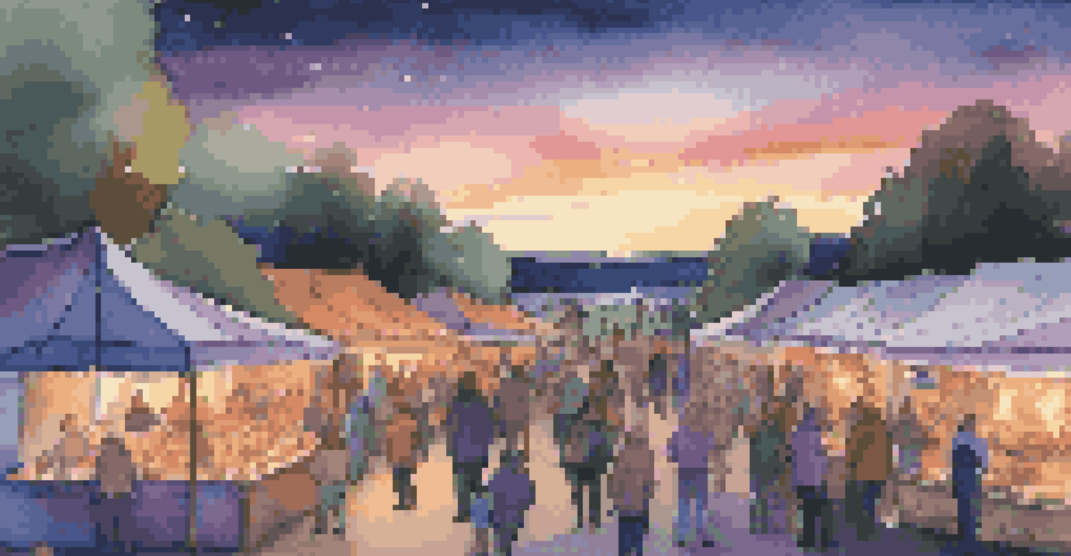 A warm evening scene at an art festival with illuminated stalls and a bonfire, as families gather under a twilight sky filled with purples and blues.