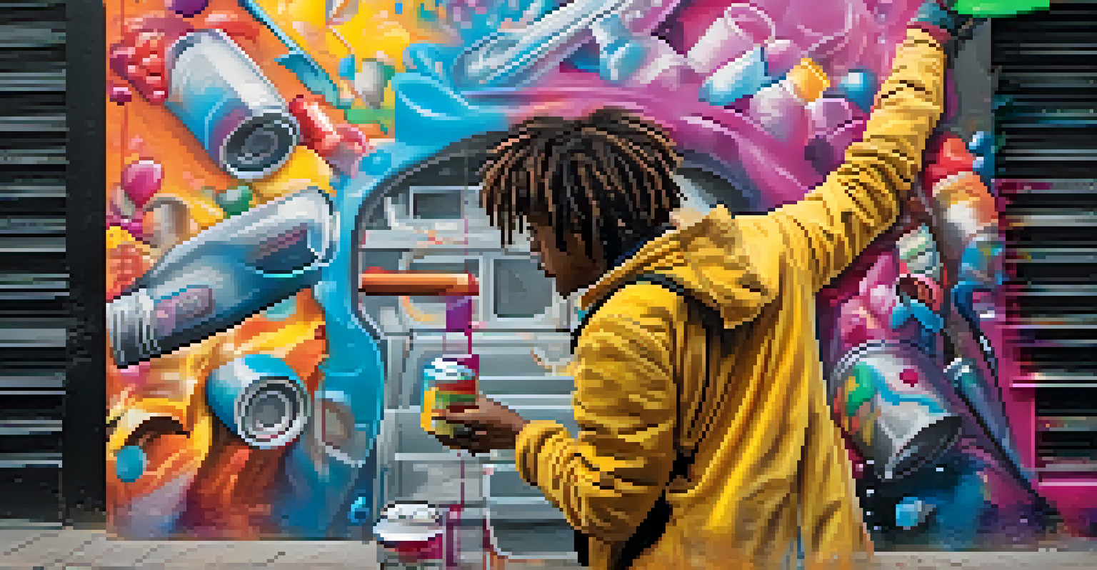 A street artist spray painting a vibrant graffiti piece on a city wall.