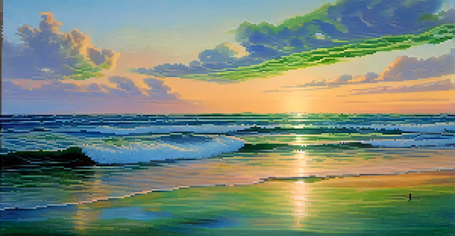 A peaceful nature scene at sunset displaying a harmonious blend of blue, blue-green, and green colors in the sky and landscape.