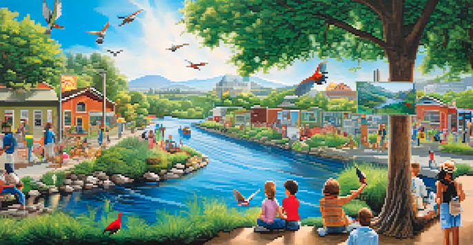 A colorful community mural illustrating local wildlife and nature, with people interacting around it in an urban environment.