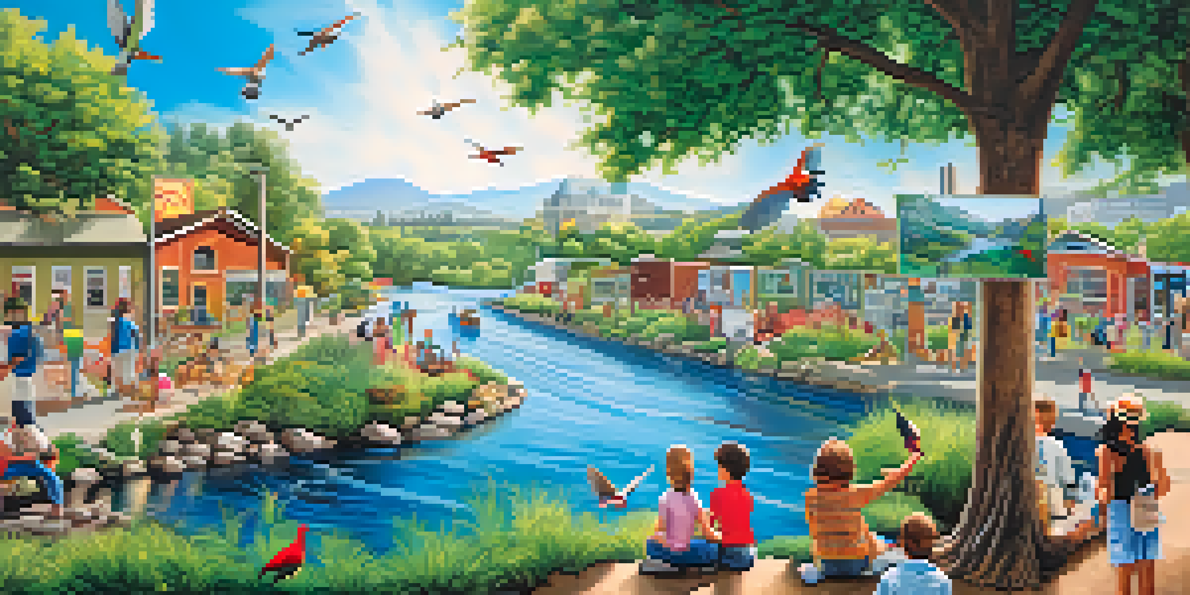 A colorful community mural illustrating local wildlife and nature, with people interacting around it in an urban environment.