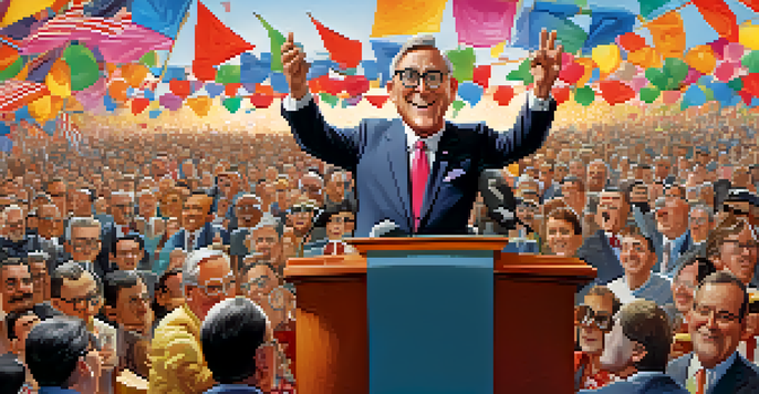A caricature of a politician at a podium, with exaggerated features and a cheering crowd in the background.