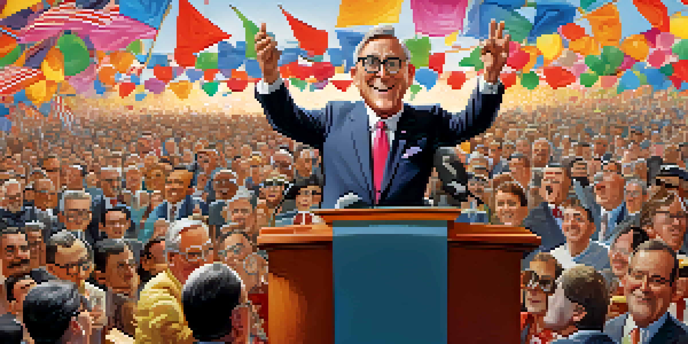 A caricature of a politician at a podium, with exaggerated features and a cheering crowd in the background.