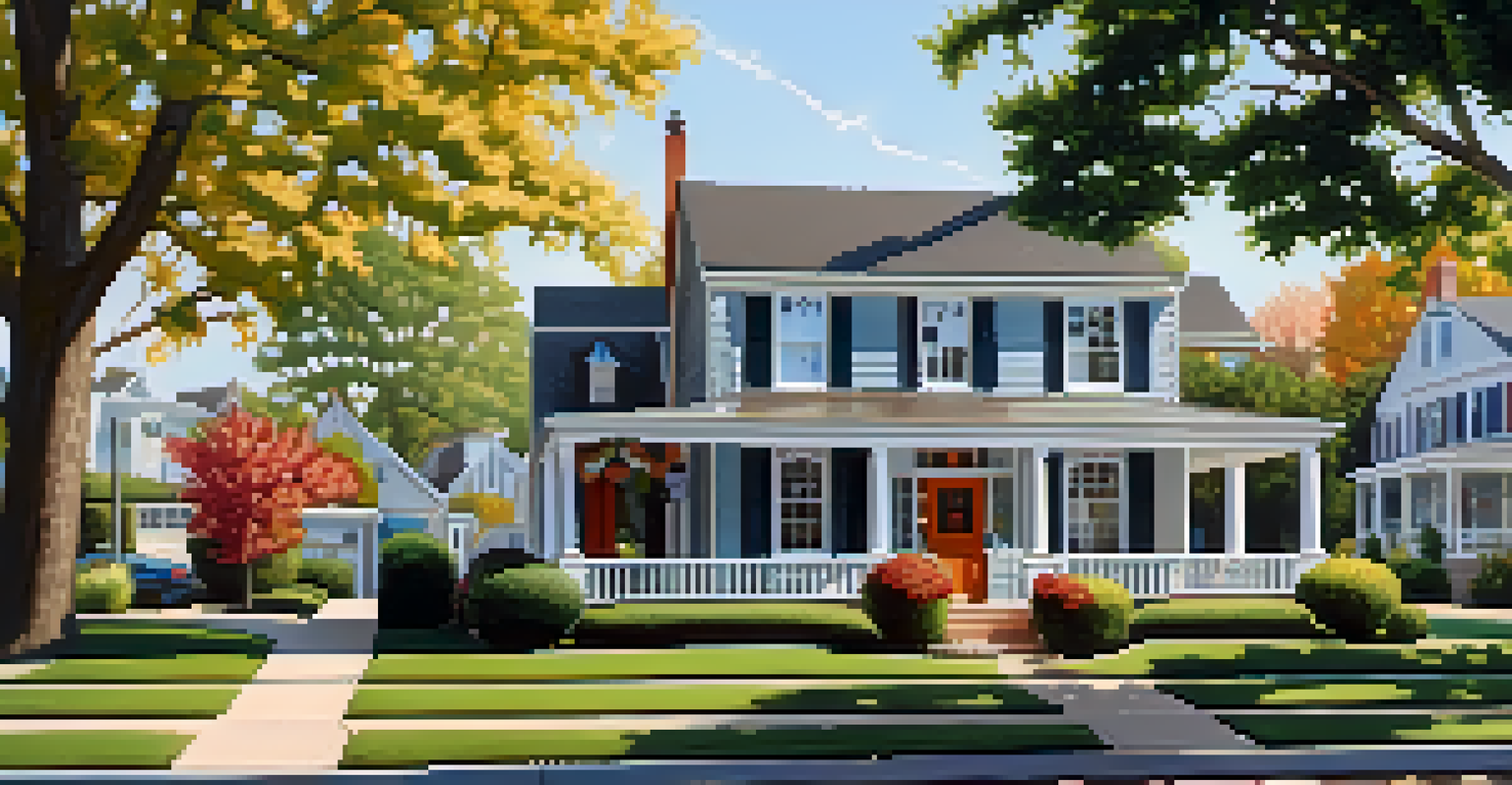 A close-up view of a charming suburban street with cookie-cutter homes, flower beds, and well-maintained lawns in the soft morning light.