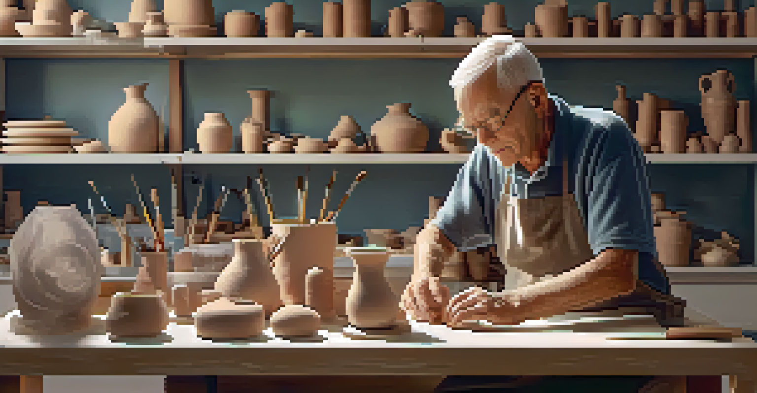 An elderly man sculpting clay in a bright art studio, surrounded by art materials and finished sculptures.