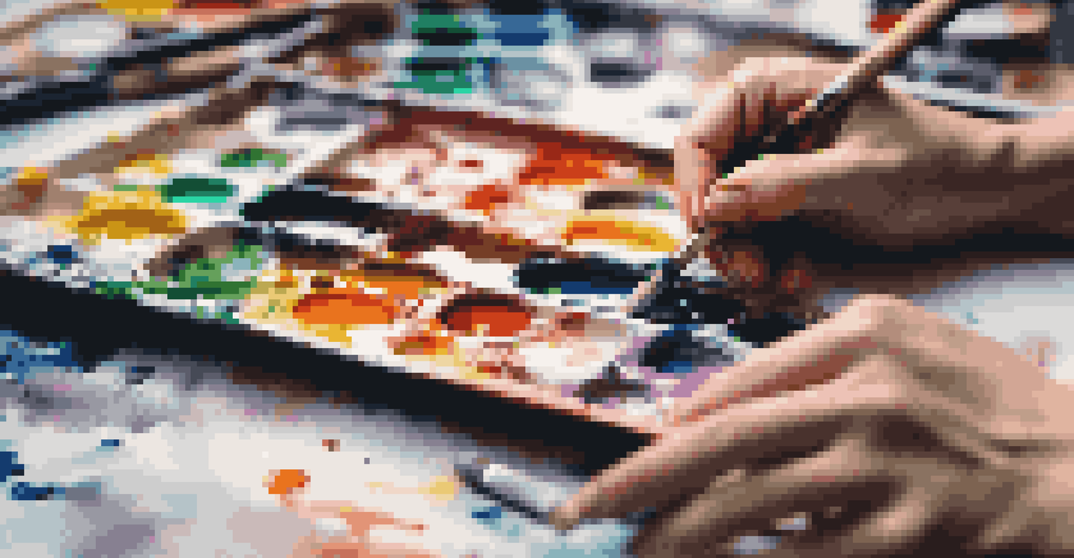 Close-up of hands painting on a canvas with bright colors and art supplies, highlighting the creative process.