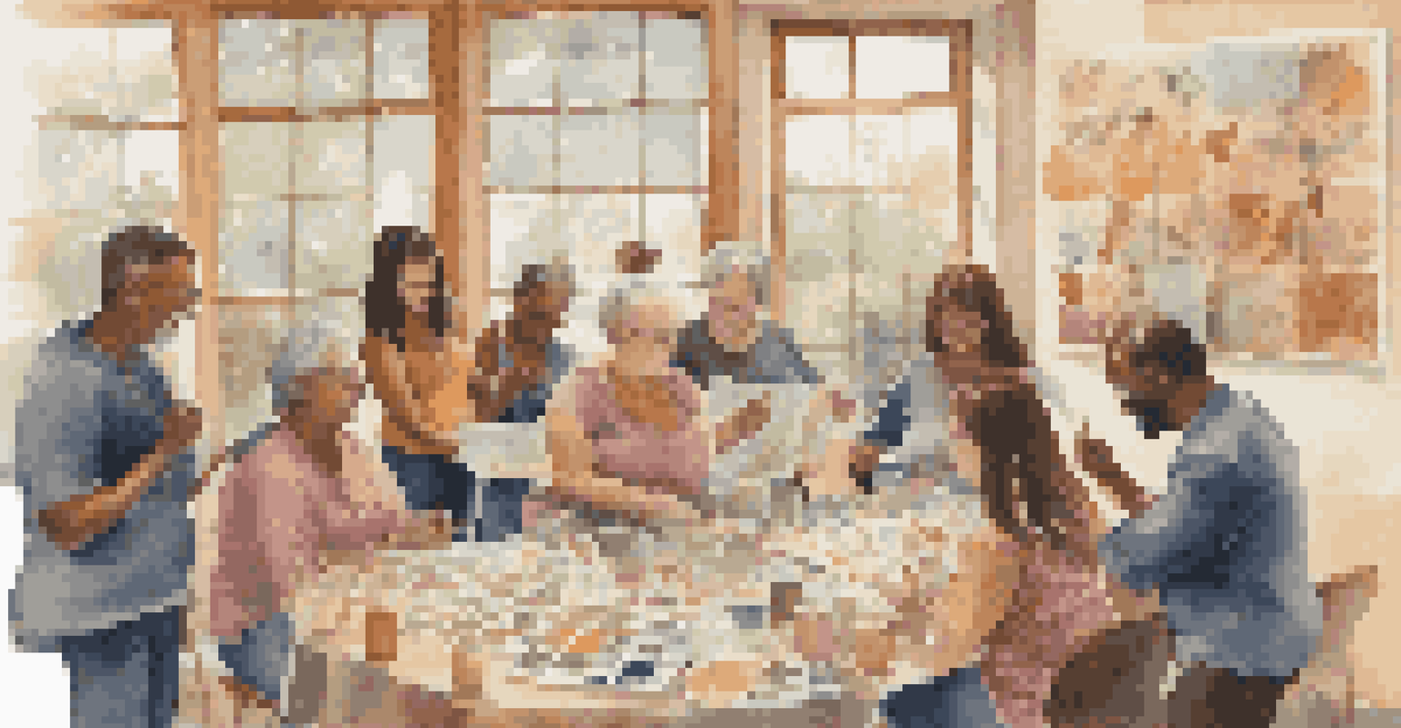A group of participants in a circle sharing their artwork, expressing joy and connection in a bright art workshop.