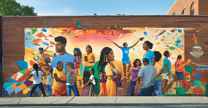 A colorful mural on a brick wall representing cultural diversity, with people collaborating on its creation under warm golden hour light.