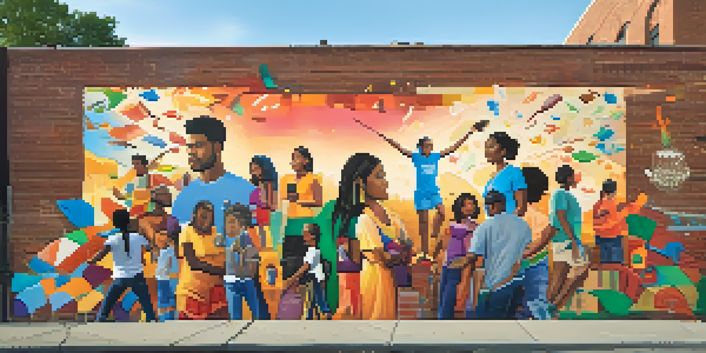 A colorful mural on a brick wall representing cultural diversity, with people collaborating on its creation under warm golden hour light.