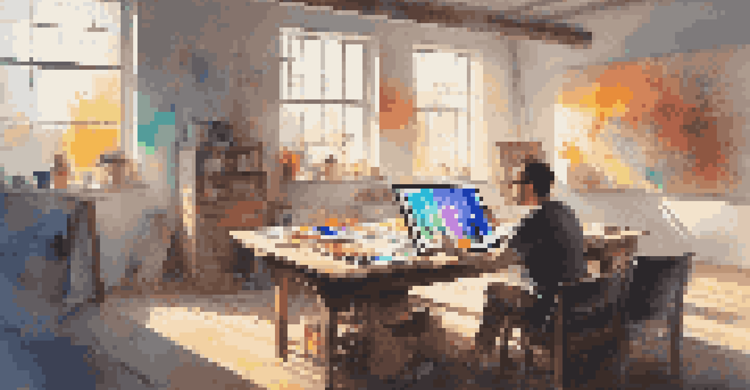 An artist in a contemporary studio, combining traditional painting with digital tools, working on a colorful artwork with sunlight streaming through a window.