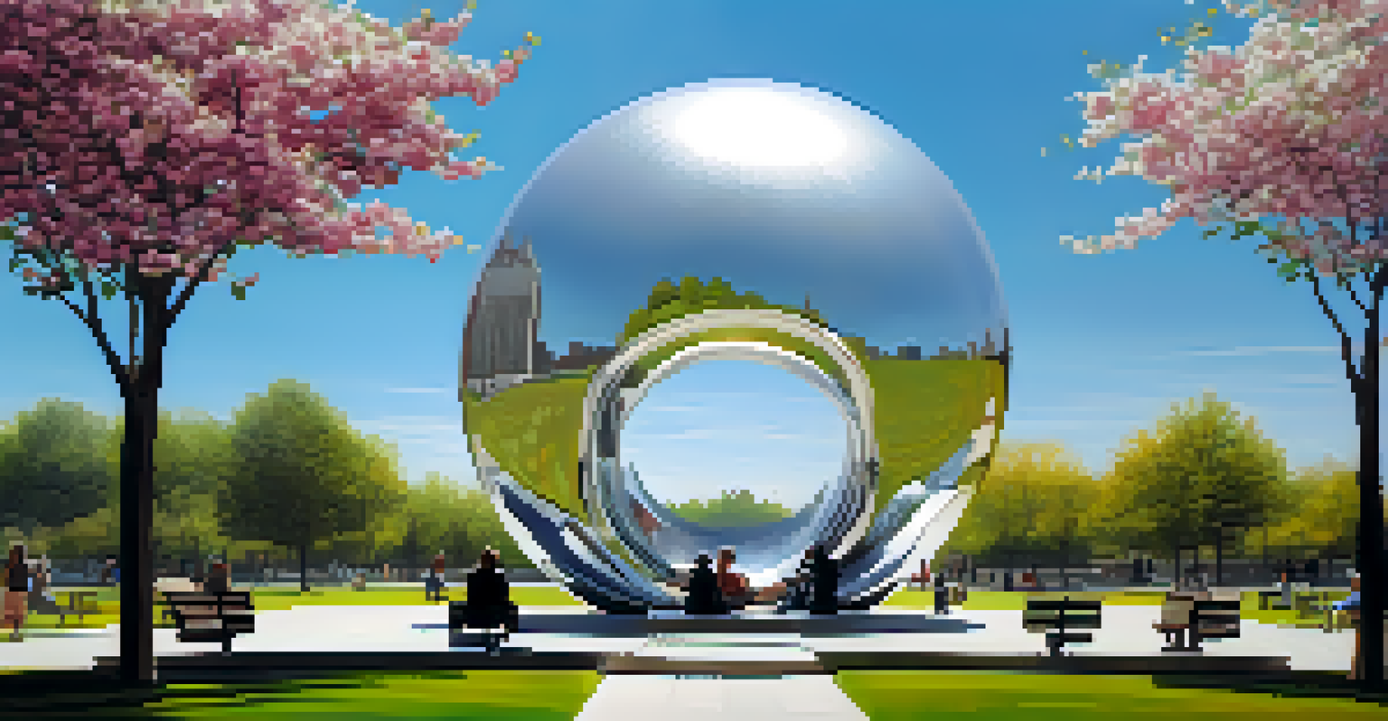 A large abstract sculpture in a city park surrounded by flowers and people enjoying the sunny day.