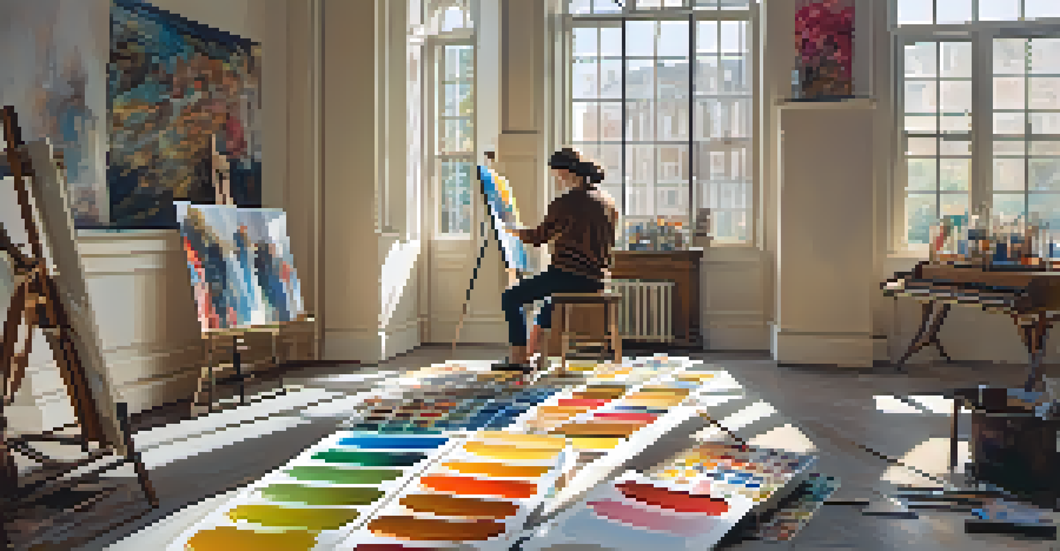 An artist painting in a bright studio filled with historical artworks and colorful paints.