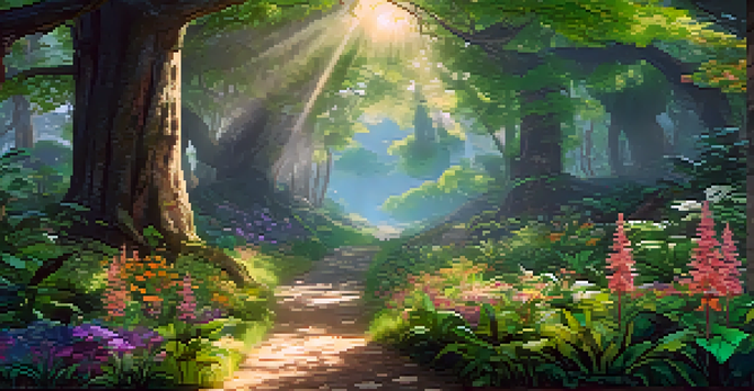 A tranquil virtual forest filled with green trees, colorful flowers, and soft sunlight, designed for interactive exploration.