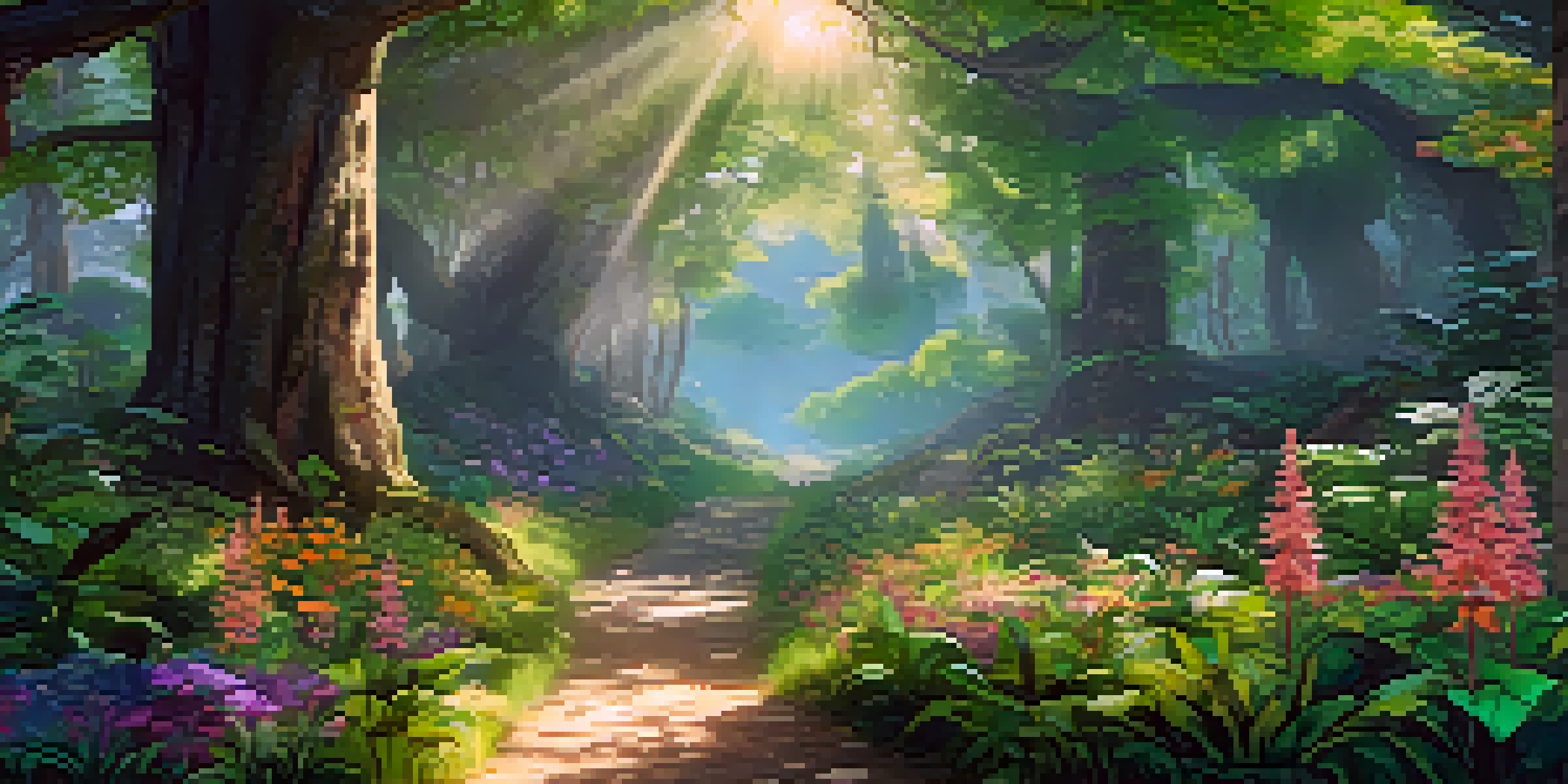A tranquil virtual forest filled with green trees, colorful flowers, and soft sunlight, designed for interactive exploration.