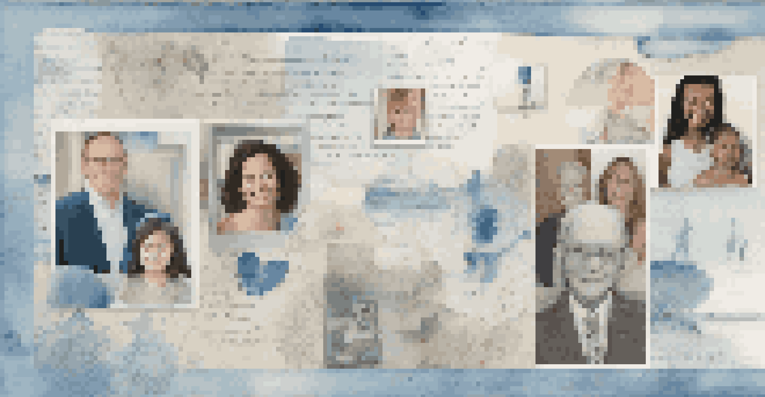 A digital montage showcasing a family's history with a timeline of photos, drawings, and notes against a soft blue and white gradient background.