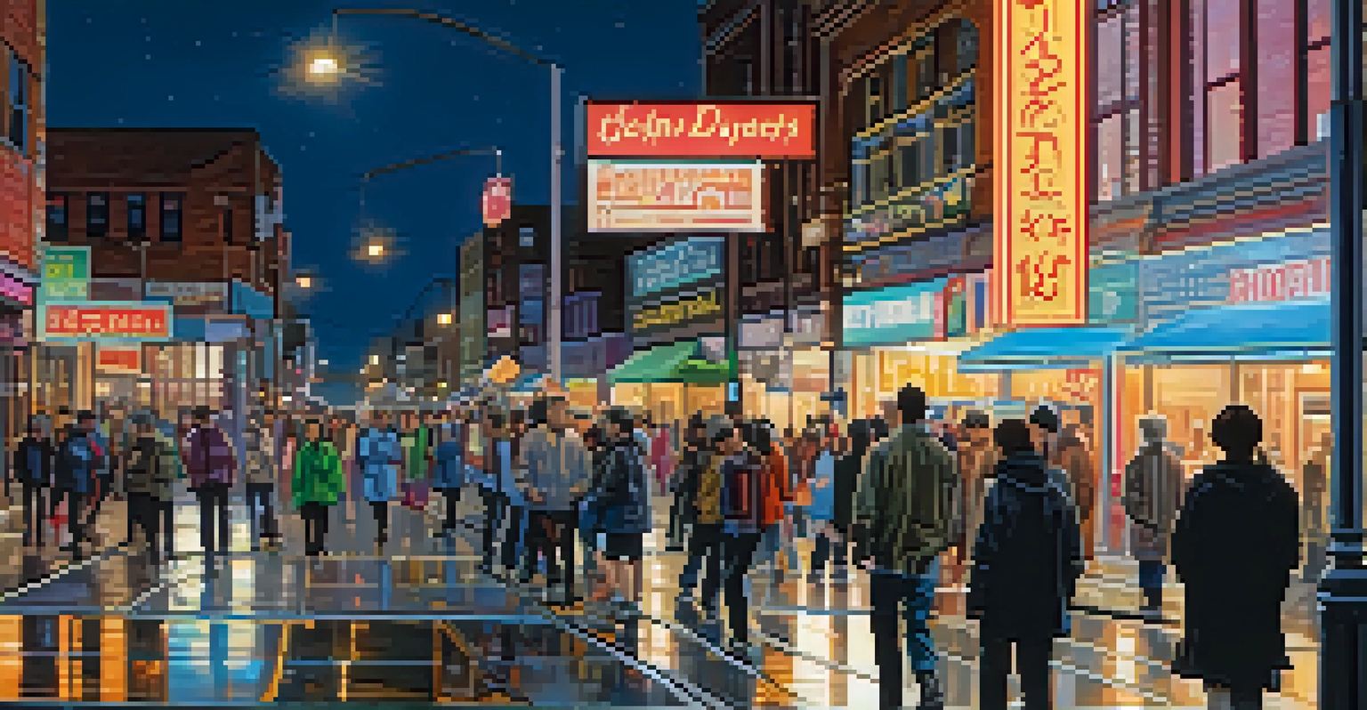 A vibrant city street at twilight, with neon lights, diverse pedestrians, and reflections on wet pavement.