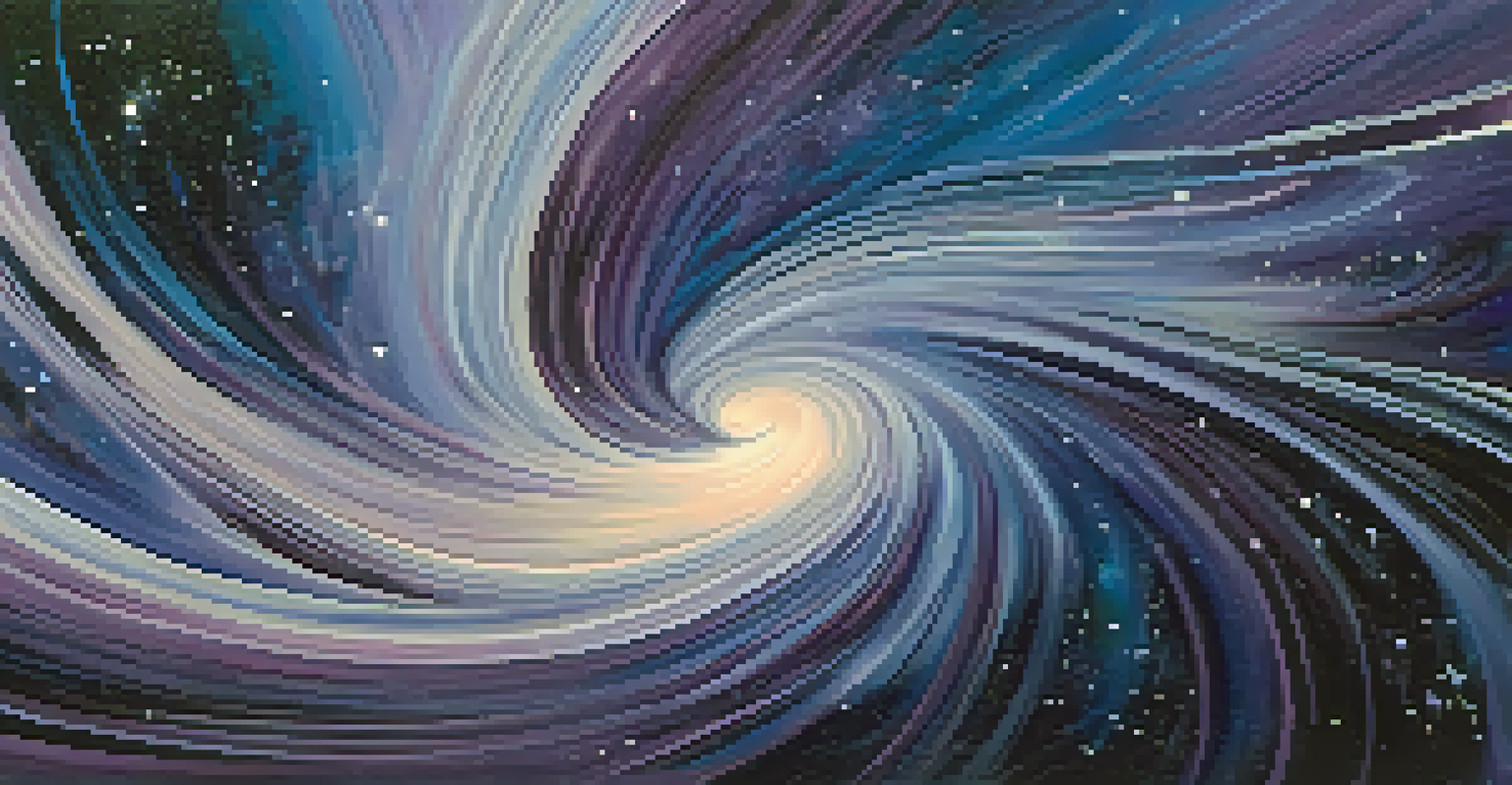An abstract depiction of a swirling galaxy with deep blue and purple colors and sparkling stars.