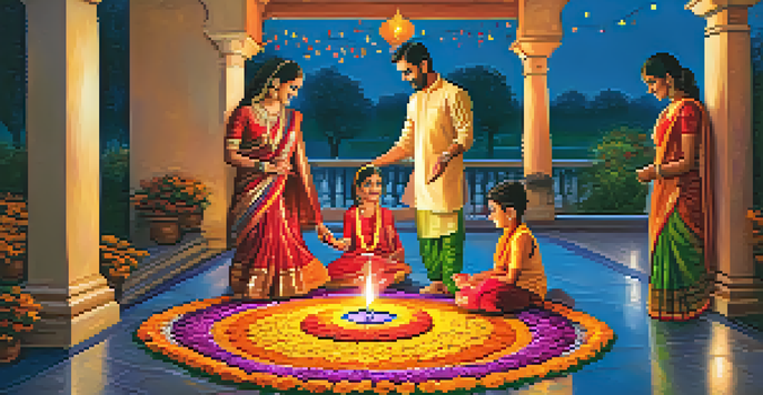 A family creating a colorful rangoli design during Diwali with bright powders and marigold flowers at their home entrance.