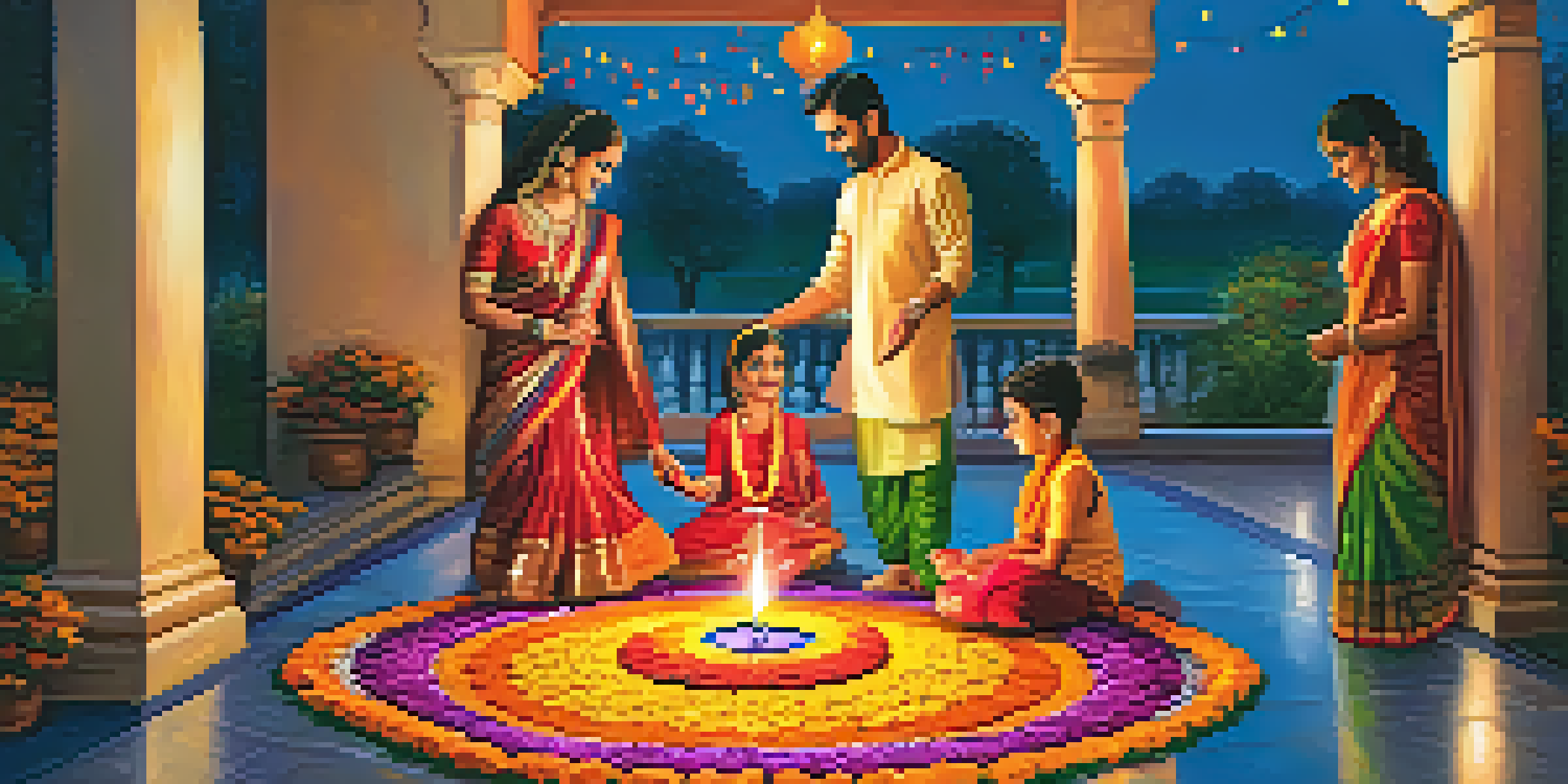 A family creating a colorful rangoli design during Diwali with bright powders and marigold flowers at their home entrance.