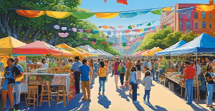 A lively outdoor art festival with colorful installations, artists interacting with attendees, food stalls, and green surroundings.