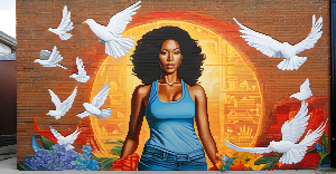 A colorful street mural of a strong female figure, surrounded by flowers and doves on a brick wall in an urban environment, with sunlight creating shadows.