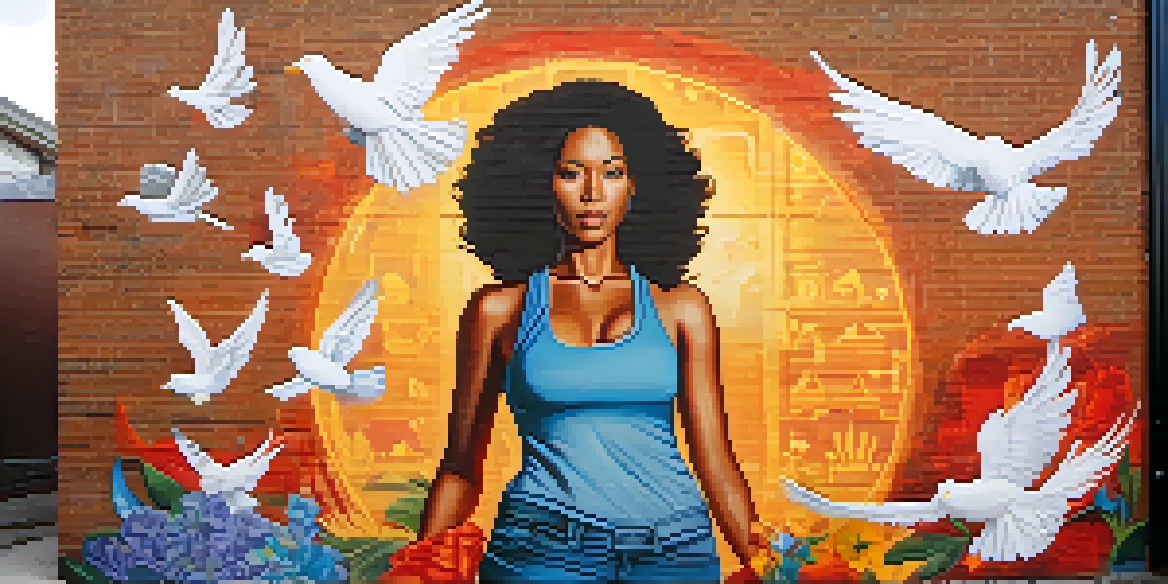 A colorful street mural of a strong female figure, surrounded by flowers and doves on a brick wall in an urban environment, with sunlight creating shadows.